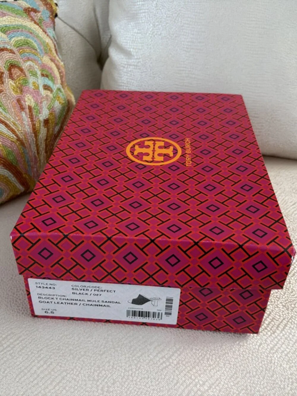 Tory Burch Block T Chainmail Mule Sandal, Silver, 6.5, NIB